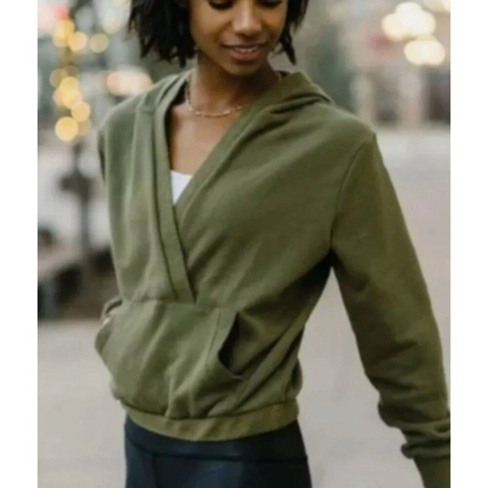 ZYIA Active‎ Calmness Pocket V-Neck Cropped Hoodie Sweatshirt Olive Size Small